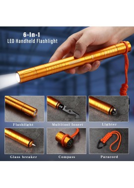 Linterna de mano LED, luz multiherramienta 6 en 1 con linterna recargable, encendedor, rompecristales, brújula, paracord, genial