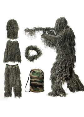 Traje Ghillie, ropa de caza de camuflaje 3D, incluyendo chaqueta, pantalones, capucha, bolsa de transporte, ropa de caza de