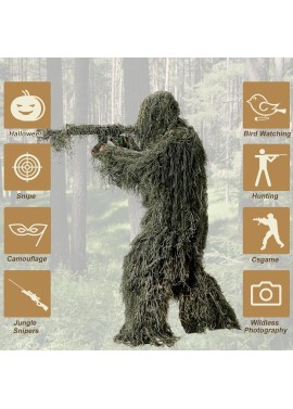 Traje Ghillie, ropa de caza de camuflaje 3D, incluyendo chaqueta, pantalones, capucha, bolsa de transporte, ropa de caza de