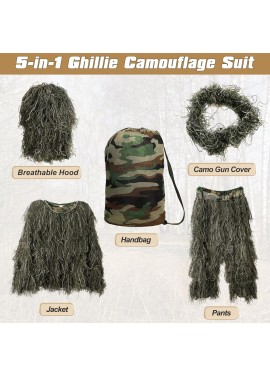 Traje Ghillie, ropa de caza de camuflaje 3D, incluyendo chaqueta, pantalones, capucha, bolsa de transporte, ropa de caza de