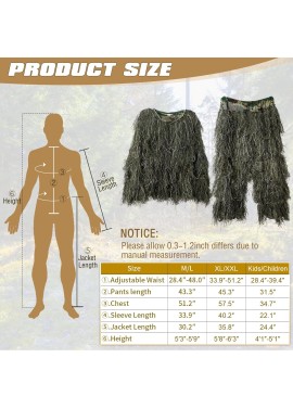 Traje Ghillie, ropa de caza de camuflaje 3D, incluyendo chaqueta, pantalones, capucha, bolsa de transporte, ropa de caza de