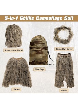 Traje Ghillie, ropa de caza de camuflaje 3D, incluyendo chaqueta, pantalones, capucha, bolsa de transporte, ropa de caza de