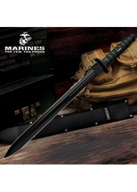 USMC Blackout Combat - Espada de doble filo con funda de nailon, hoja de acero inoxidable no reflectante AUS-6, mango de goma,