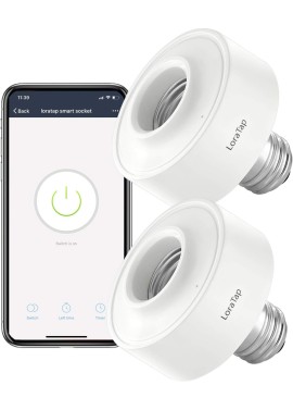 LoraTap Enchufe de bombilla WiFi inteligente E26, paquete de 2 bombillas LED Wi-Fi, temporizador, adaptador de soporte de