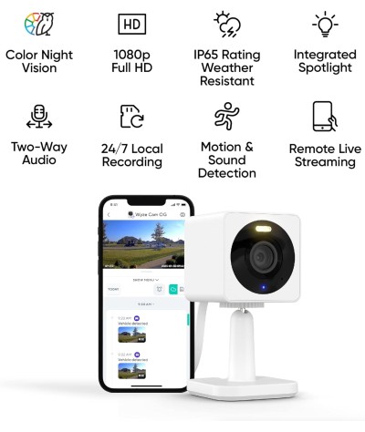 WYZE Cam OG Cámara de seguridad inteligente para interiores y exteriores 1080p WI-Fi con visión nocturna a color, foco