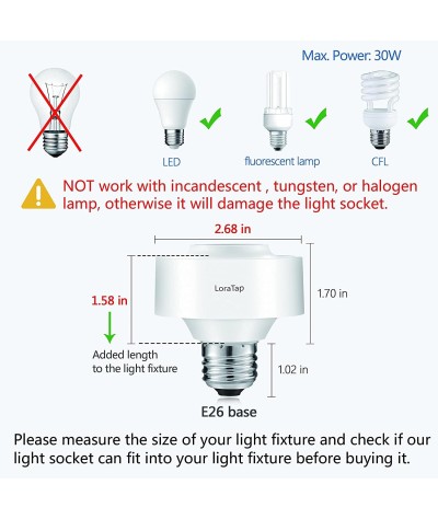 LoraTap Enchufe de bombilla WiFi inteligente E26, paquete de 2 bombillas LED Wi-Fi, temporizador, adaptador de soporte de