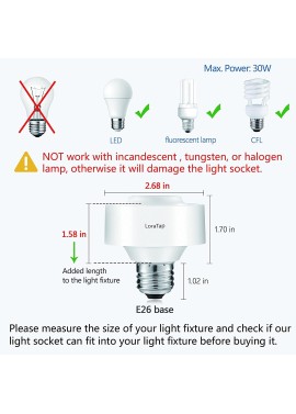 LoraTap Enchufe de bombilla WiFi inteligente E26, paquete de 2 bombillas LED Wi-Fi, temporizador, adaptador de soporte de