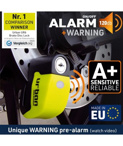 Candado con alarma para el disco de freno Urban UR6 para motocicleta y bicicleta de 0.23 in y 120 dB, universal, resistente al