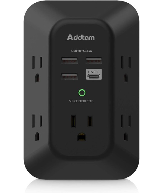 Addtam - Protector de sobretensiones de cargador de pared USB, extensor de 5 salidas con 4 puertos de carga USB (1 USB C),