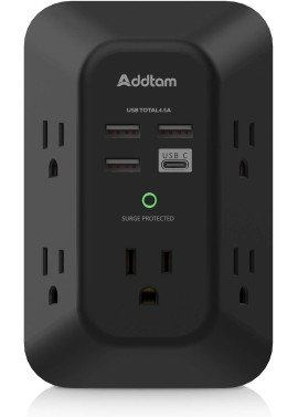 Addtam - Protector de sobretensiones de cargador de pared USB, extensor de 5 salidas con 4 puertos de carga USB (1 USB C),