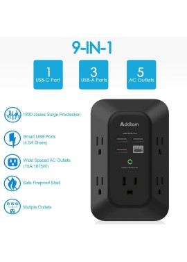 Addtam - Protector de sobretensiones de cargador de pared USB, extensor de 5 salidas con 4 puertos de carga USB (1 USB C),