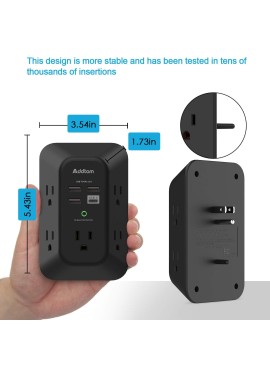 Addtam - Protector de sobretensiones de cargador de pared USB, extensor de 5 salidas con 4 puertos de carga USB (1 USB C),